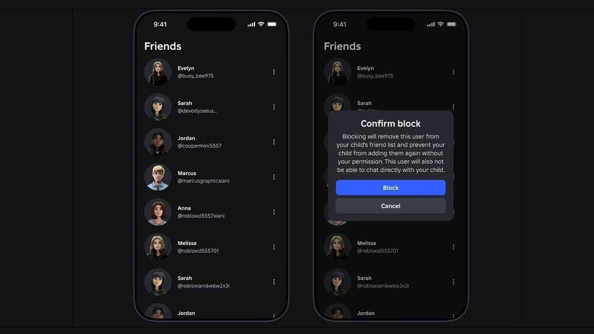 Blocking a friend — select a user from the friends list and confirm the block