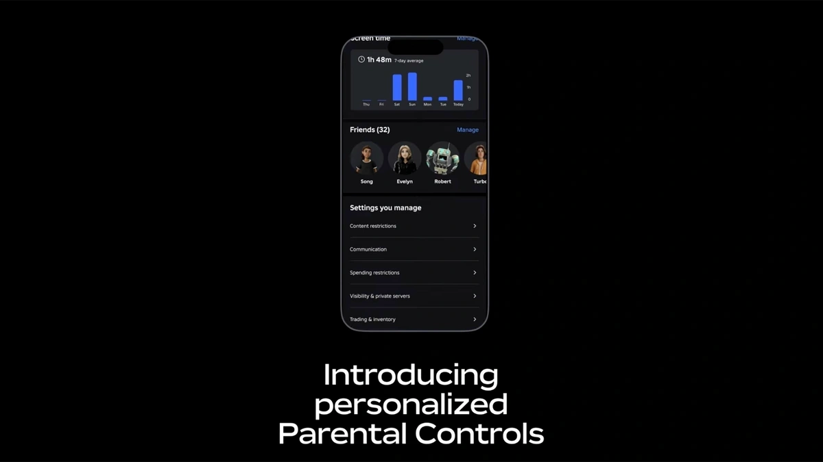 Parental controls dashboard — screen time, friends, and settings you manage