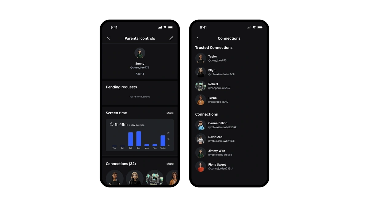 Parental controls — view your child's connections, trusted friends, screen time, and pending requests