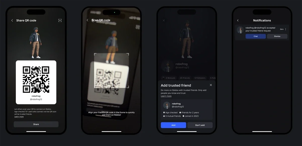 Trusted Friends — share your QR code, scan a friend's code, confirm the connection, and get notified